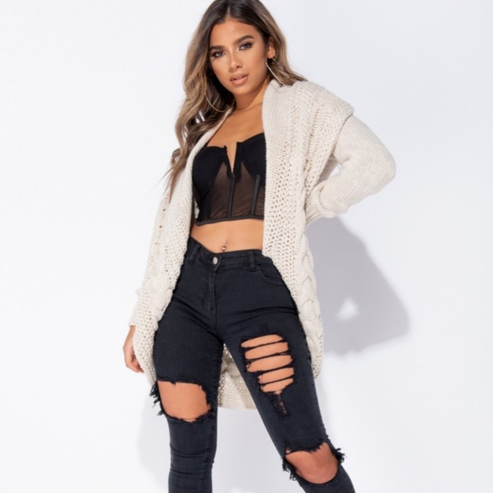 Chunky Cable Knitted Shawl Collar Cardigan Sweater - Picture 8 of 10